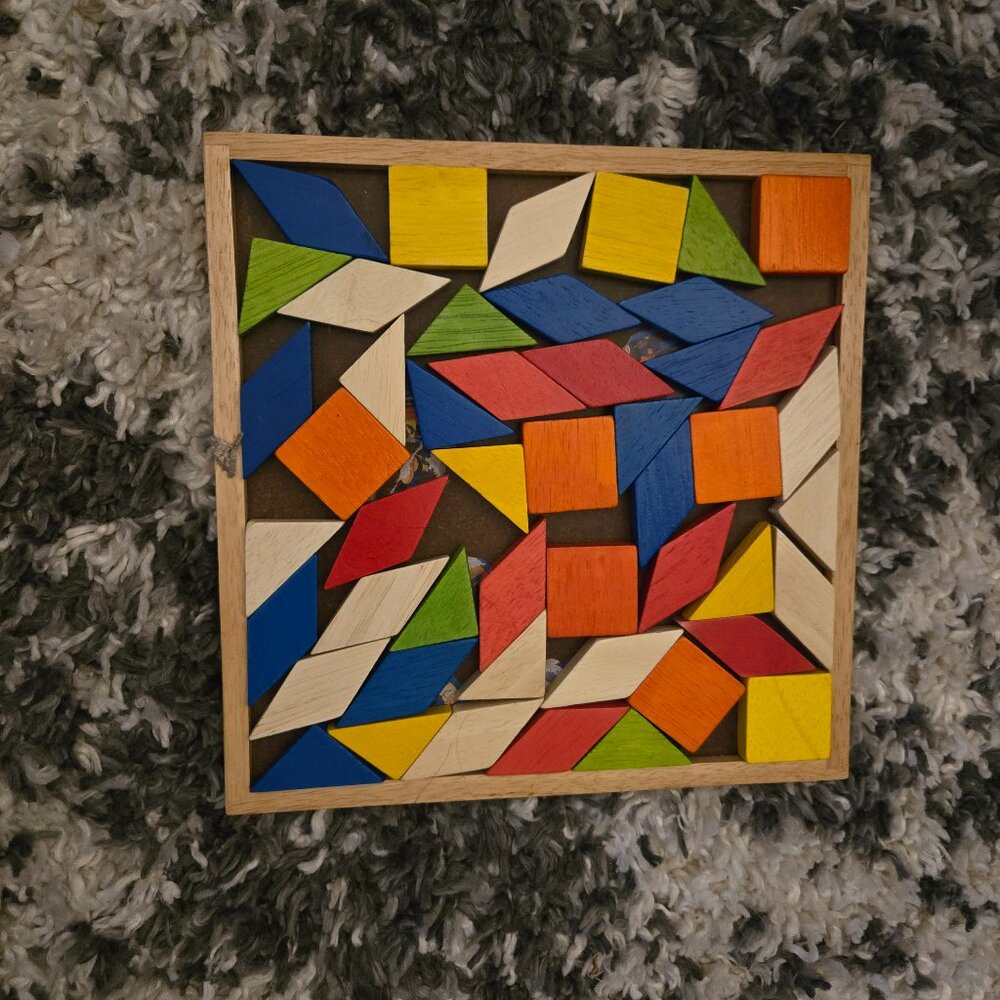 Vintage Wooden Tangram Pattern Blocks Puzzle with Tray